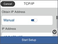 Połączenie 4. Dotknij pozycji TCP/IP. 5. Wybierz opcję Ręczne w polu Uzyskaj adres IP.