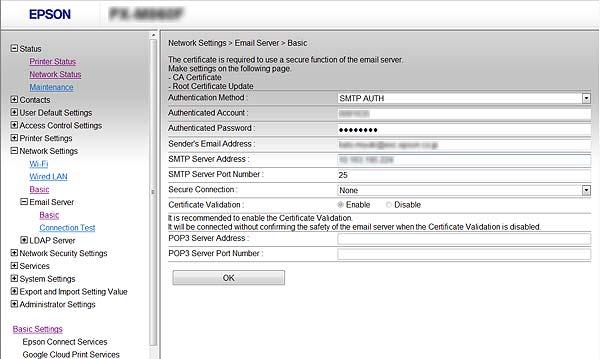 Ustawienia obsługi i zarządzania Opcje ustawień serwera pocztowego Obsługiwane algorytmy Authentication Method Ustawienia i objaśnienie Określ metodę uwierzytelniania używaną przez skaner w celu