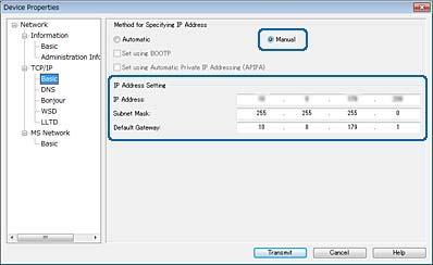 Dodatek 6. Wprowadź adresy w polach IP Address, Subnet Mask i Default Gateway. Uwaga: Wprowadź statyczny adres w przypadku podłączenia skanera do bezpiecznej sieci. 7. Kliknij przycisk Transmit.