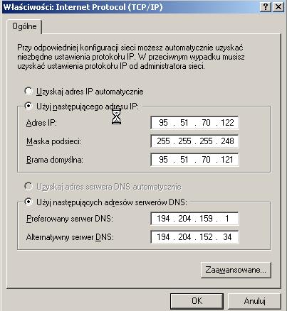 bramy oraz DNS na karcie sieciowej komputera służbowego zgodnie z