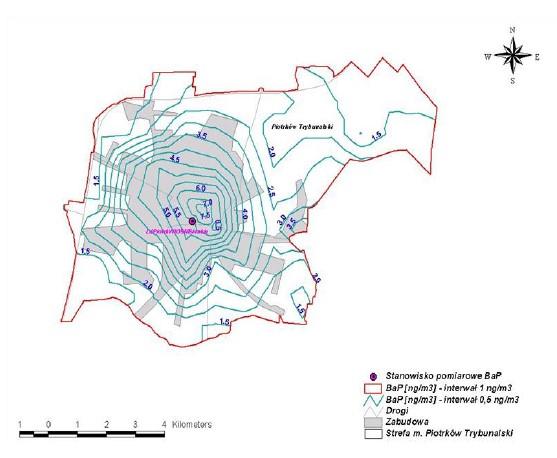 Obszar przekroczeń benzo(a)pirenu na terenie miasta został przedstawiony na rysunku 5. Obszar przekroczeń zajmuje powierzchnię 6 978 ha i zamieszkiwany jest przez 77 tys. osób.