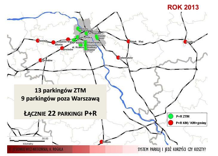 Rysunek 67. Mapa parkingów Parkuj i Jedź w roku 2007, źródło: System parkuj i jedź, koszty czy korzyści K. Jesionkiewicz-Niedzińska, A.