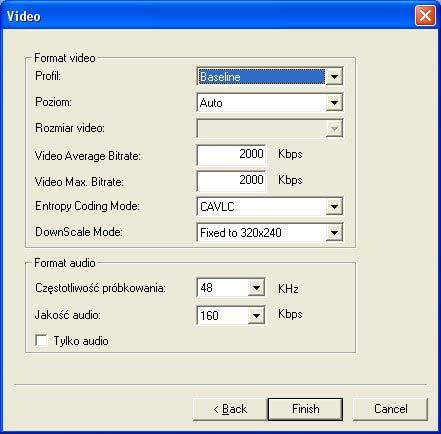 5. W zakładce Video (Video) można ustawić format video i format audio. Opcje ustawień w oknie dialogowym Video różnią się, w zależności od wybranego formatu video.
