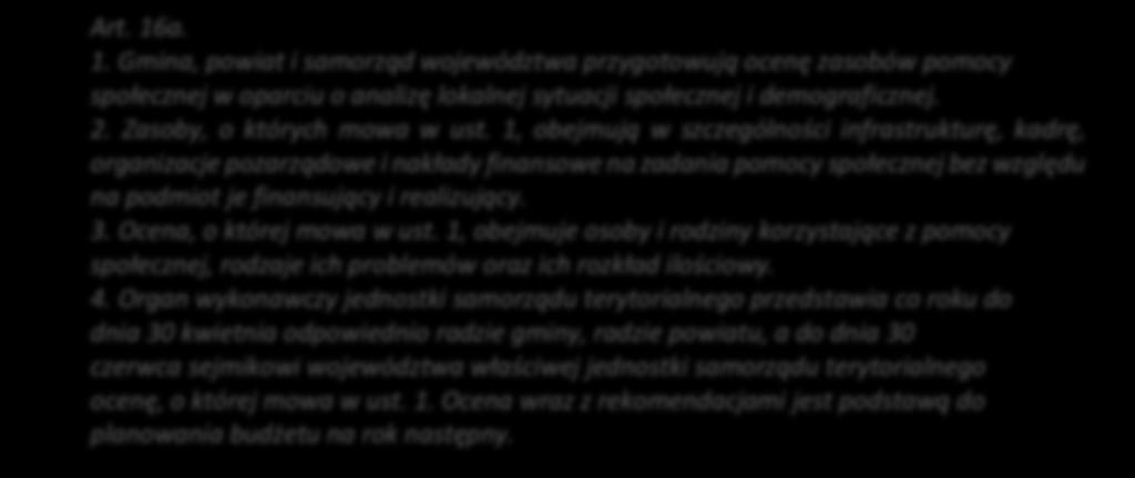 4) analizie i ocenie zjawisk rodzących zapotrzebowanie na świadczenia z pomocy społecznej; Gminy, powiaty i samorządy województwa mają też obowiązek dokonywać oceny zasobów pomocy społecznej w