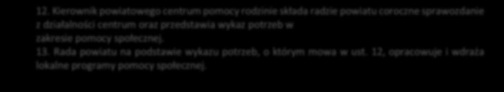 12. Kierownik powiatowego centrum pomocy rodzinie składa radzie powiatu coroczne sprawozdanie z działalności centrum oraz przedstawia wykaz potrzeb w zakresie pomocy społecznej. 13.