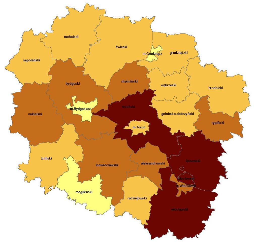 UDZIAŁ GRUNTÓW STANOWIĄCYCH WŁASNOŚĆ GMIN W OGÓLNEJ POWIERZCHNI POWIATU SPADEK/WZROST W STOSUNKU DO