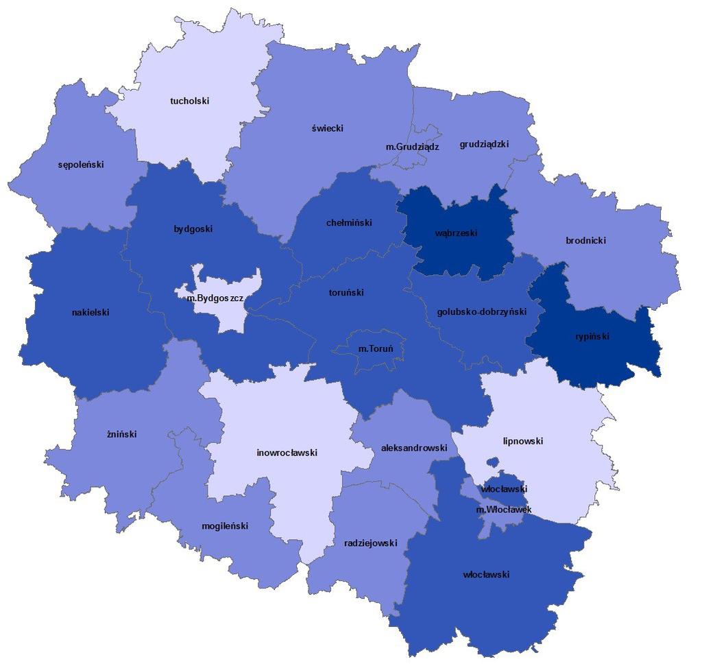 UDZIAŁ GRUNTÓW STANOWIĄCYCH WŁASNOŚĆ WOJEWÓDZTWA W OGÓLNEJ POWIERZCHNI POWIATU SPADEK/WZROST W STOSUNKU DO