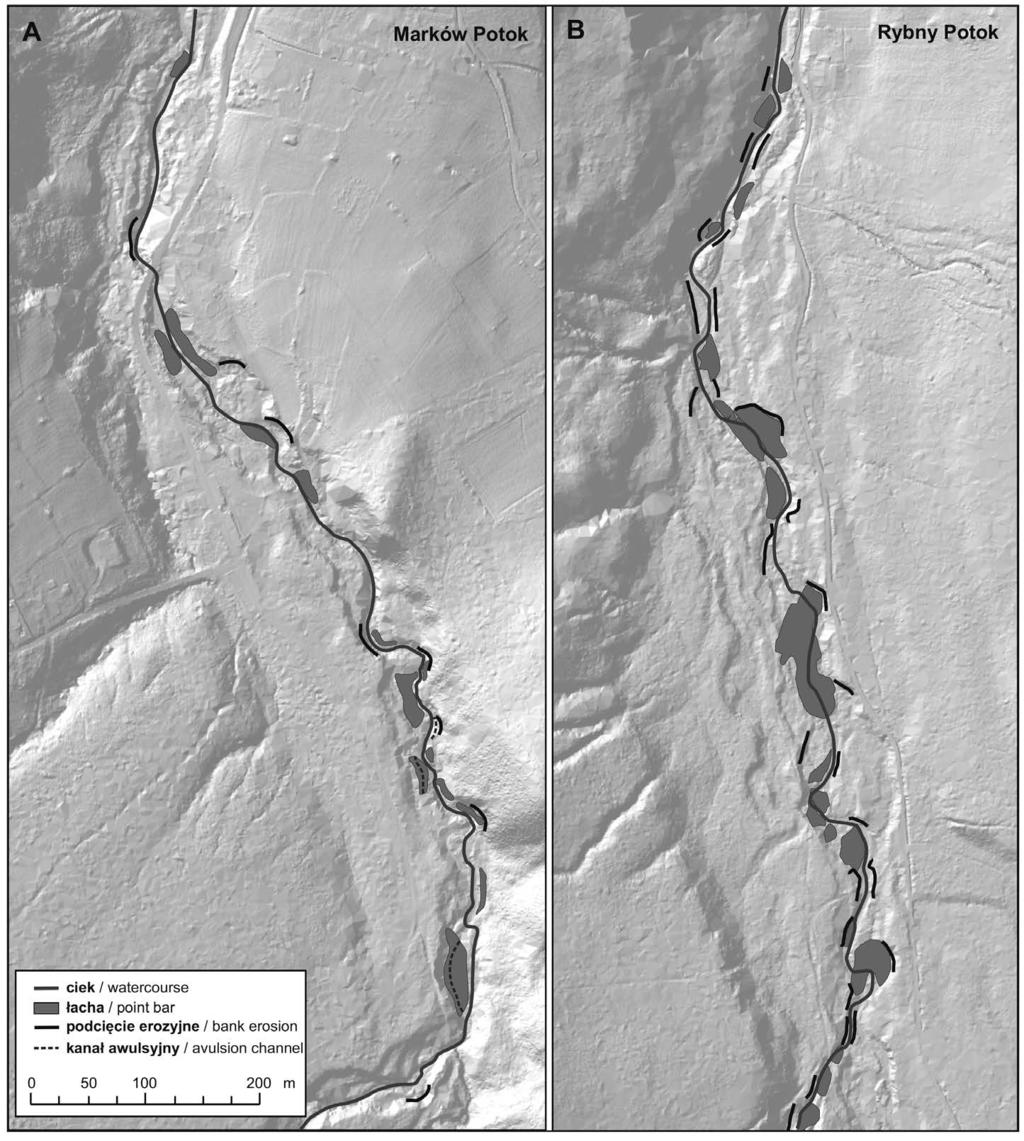34 P. Franczak / Leśne Prace Badawcze, 2017, Vol. 78 (1): 28 38 Rycina 6. Przekształcenia geomorfologiczne dolnego odcinka koryta Markowego Potoku (A) i Rybnego Potoku (B) w 2014 r. Figure 6.