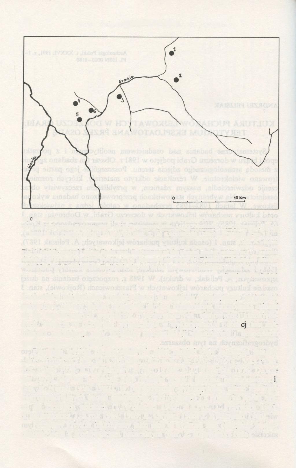 74 ANDRZEJ PELISIAK Ryc. 1. Środkowa część dorzecza Grabi. Osady kultury pucharów lejkowatych w: (1) Dobroniu, stan. 1; (2) Ldzaniu Kolonii, stan. 1; (3) Sięganowie, stan.