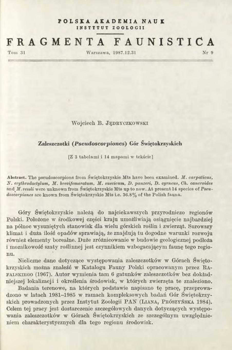 POLSKA AKADEMIA NAUK INSTYTUT ZOOLOGII FRAGMENTA FAUNISTlCA Tom 31 Warszawa, 1987.12.31 Nr 9 Wojciech B.