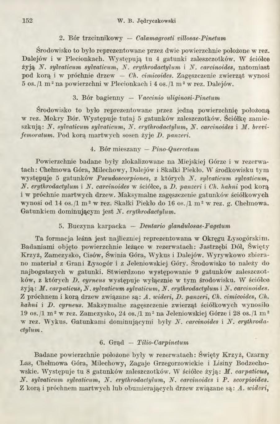 1 52 W. B. Jędryczkowski 2. Bór trzcinnikowy Calamagrosti villosae-pinetum Środowisko to było reprezentowane przez dwie powierzchnie położone w rez. Dalejów i w Plecionkach.
