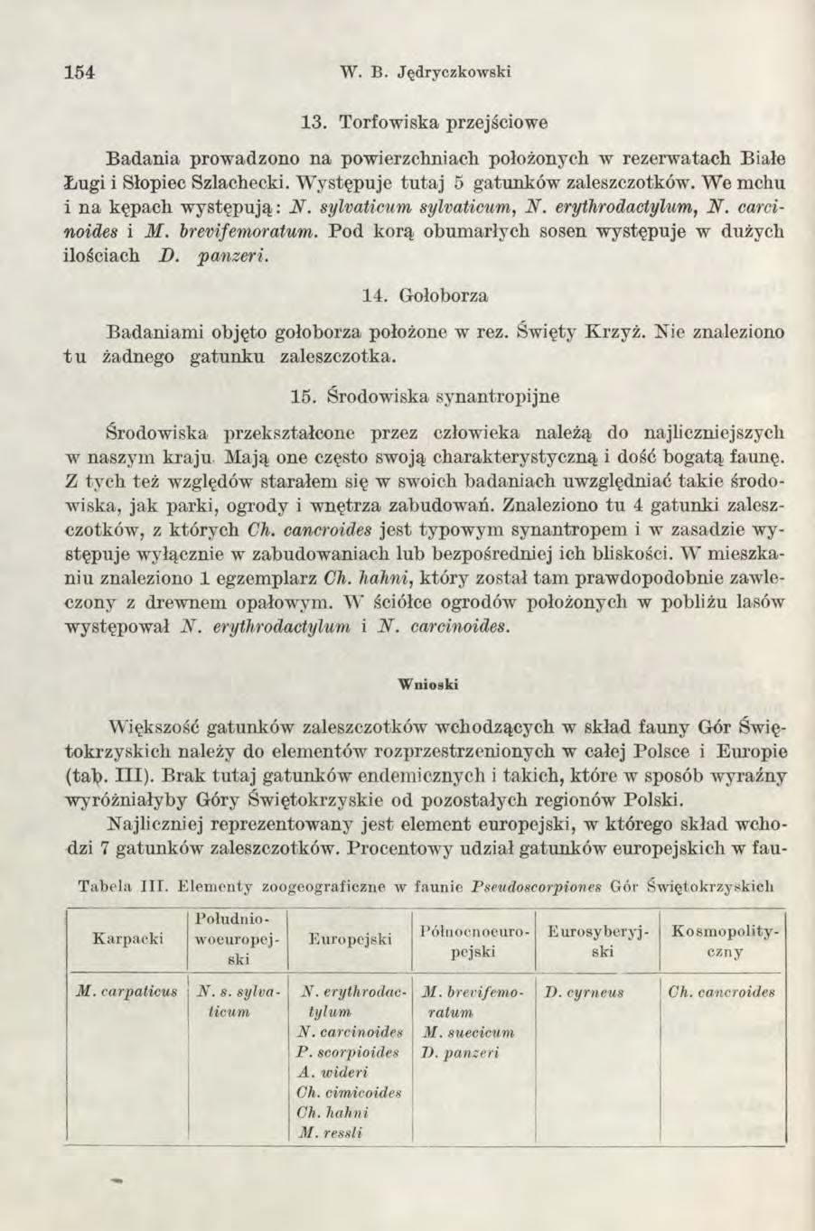 154 W. B. J ęd ryczk o w sk i 13. Torfowiska przejściowe Badania prowadzono na powierzchniach położonych w rezerwatach Białe Ługi i Słopiec Szlachecki. Występuje tutaj 5 gatunków zaleszczotków.
