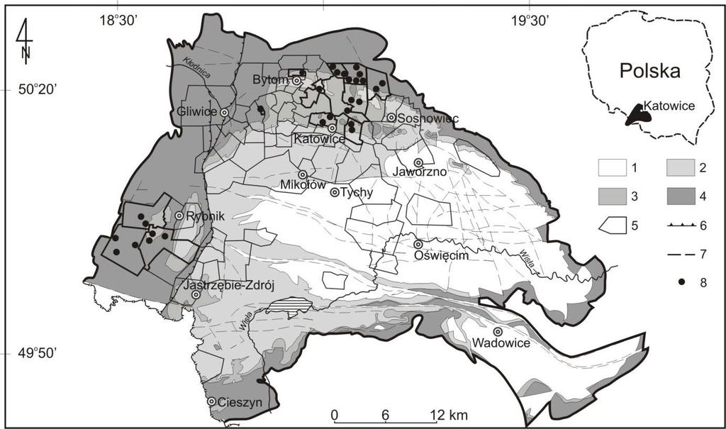 Parzentny i Róg 2017 / Gospodarka Surowcami Mineralnymi Mineral Resources Management 33(1), 51 176 53 Rys. 1. Lokalizacja punktów poboru próbek węgla na tle budowy geologicznej GZW (wg Jureczka i in.