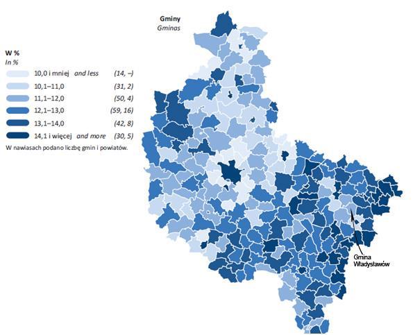 Rysunek 15. Ludność w wieku 65 lat i więcej w % ludności ogółem według gmin w 2013 roku.