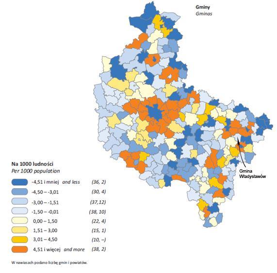 Rysunek 16. Saldo migracji wewnętrznych i zagranicznych na pobyt stały według gmin w 2013 roku.