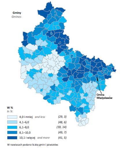Rysunek 18. Bezrobotni zarejestrowanie w % ludności w wieku produkcyjnym według gmin w 2013 roku.