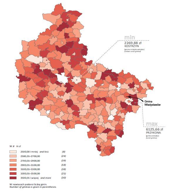 Rysunek 20. Dochody budżetów gmin na 1 mieszkańca w 2013 roku.