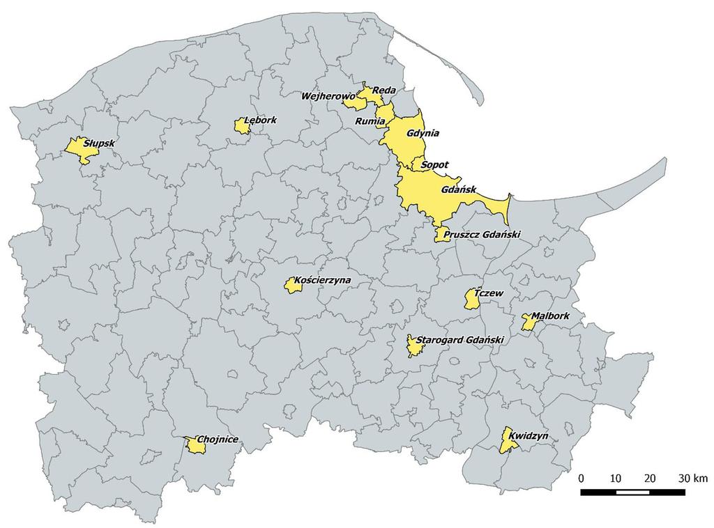 Wskaźniki udziału obszarów zieleni w wybranych miastach województwa pomorskiego 53 Ryc. 1. Rozmieszczenie analizowanych miast województwa pomorskiego Tabela 1.