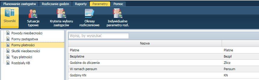 Konfigurowanie parametrów Skutki nieobecności - słownik ten zawiera określenia najczęściej wyświetlanych skutków zakłócenia realizacji planu lekcji.