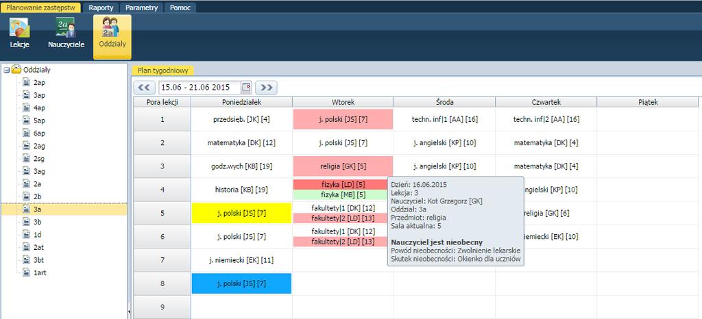 Przeglądanie planów nauczycieli i oddziałów Przeglądanie planów oddziałów W widoku Zastępstwa/Oddziały nie ma możliwości edytowania planu oddziałów. Widok ten umożliwia jedynie przeglądanie planów.