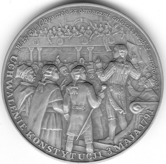 22 Medal nr 8 TWO UCHWALENIE KONSTYTUCJI 3 MAJA 1791 Rewers: półpostać (na wprost) Stanisława Małachowskiego trzymającego w prawej ręce laskę marszałkowską w lewej dokument Ustawy Rządowej.