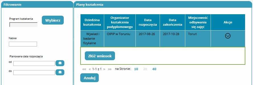 Przy interesującym nas kursie naciskamy przycisk Akcje i po rozwinięciu przycisk Złóż wniosek. 8.