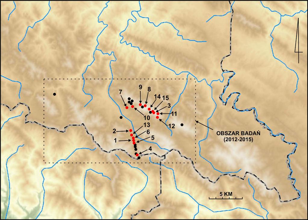Ryc. 1. Nowe znaleziska z epoki kamienia i wczesnej epoki brązu w rejonie Wetliny. 1 Wetlina, stan. 16; 2 Wetlina, stan. 27; 3 Wetlina, stan. 28; 4 Wetlina, stan. 30; 5 Wetlina, stan.