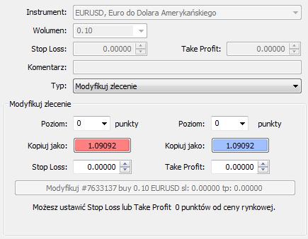 Aby otworzyć okno modyfikacji, należy kliknąć prawym klawiszem myszy w status zlecenia w oknie Terminal > Handel (znajduje się ono na dole platformy mforex Trader; jeśli jest