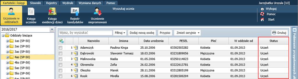 Dostępne są następujące statusy: Uczeń, Absolwent, Skreślony,