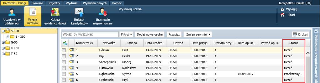 Informacja o statusie ucznia pojawia się: w kartotece ucznia na karcie