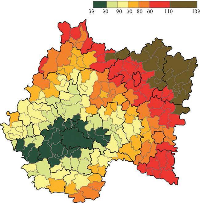 Dostępność transportowa wybranych miast MałopolskI 2014 2023 Rys. 1. Indeks syntetyczny dostępności transportowej w 2012 roku 35 50 60 70 80 90 110 135 Źródło: Guzik i in. 2013.