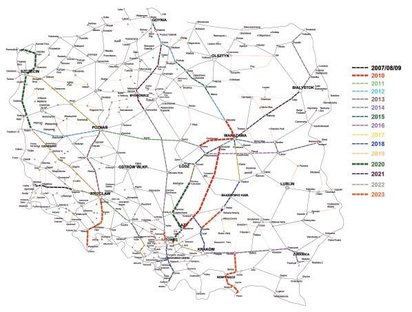 Rys. 5. Plan wdrożenia GSM-R w Polsce Linie te w ramach dostępnych środków w programie ISPA zostały poddane modernizacji.