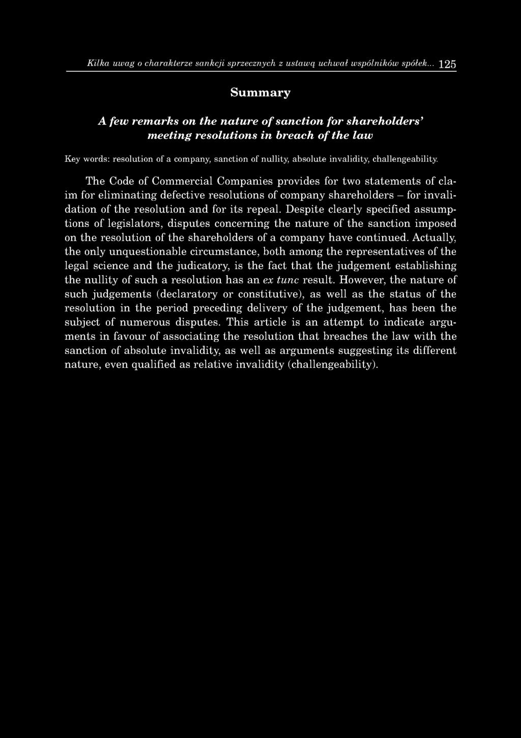 company, sanction of nullity, absolute invalidity, challengeability.