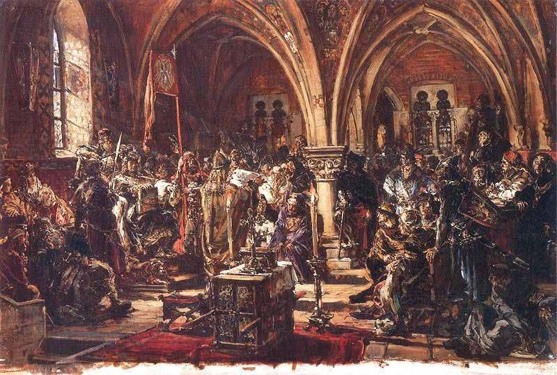 Jan Matejko. Na tronie zasiada Kazimierz Sprawiedliwy, natomiast drzewiec sztandaru trzyma Jaksa z Miechowa.