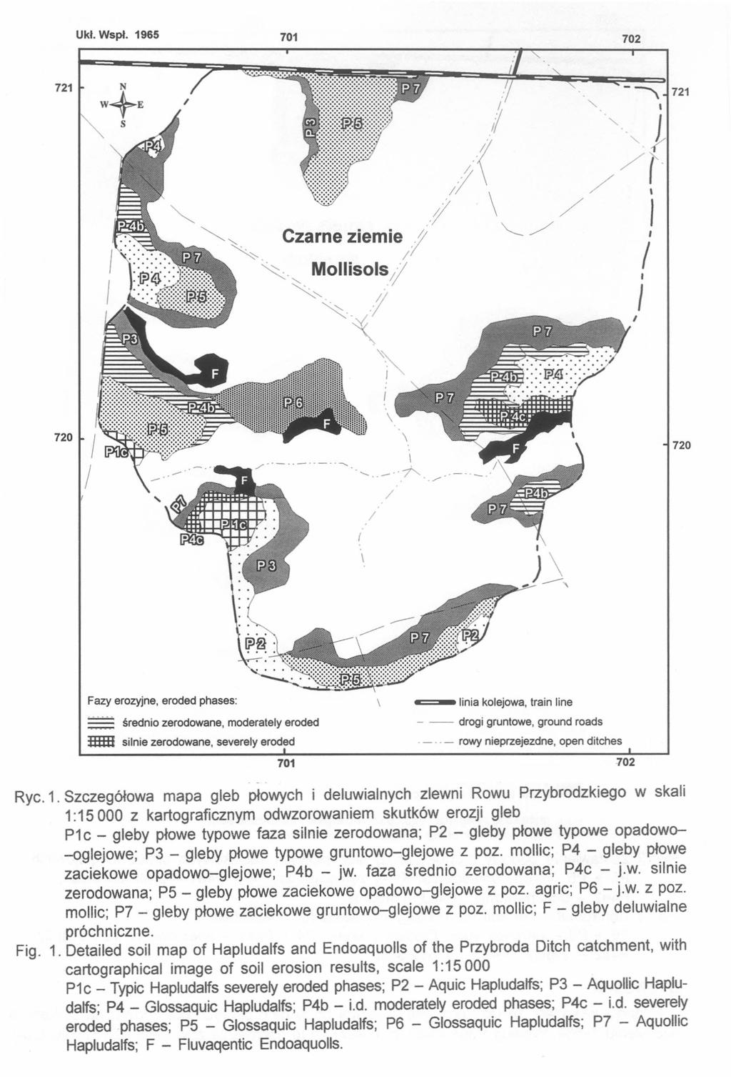 Ukl. Wspł. 1965 701 702 721 / 720 720 Fazy erozyjne. eroded phases: ~ linia kolejowa, train line ::.:.:.:.;.