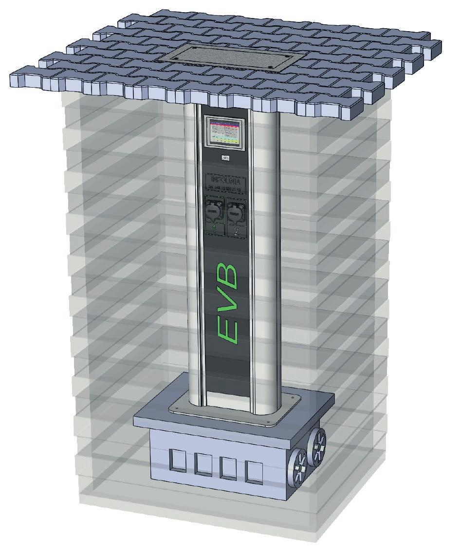 EVB Model: EVB-UG Montaż Stacja ładowania EVB potrafi wpasować się każde miejsce, dzięki możliwości indywidualnego projektowania obudowy oraz dopasowanie do występujących warunków.