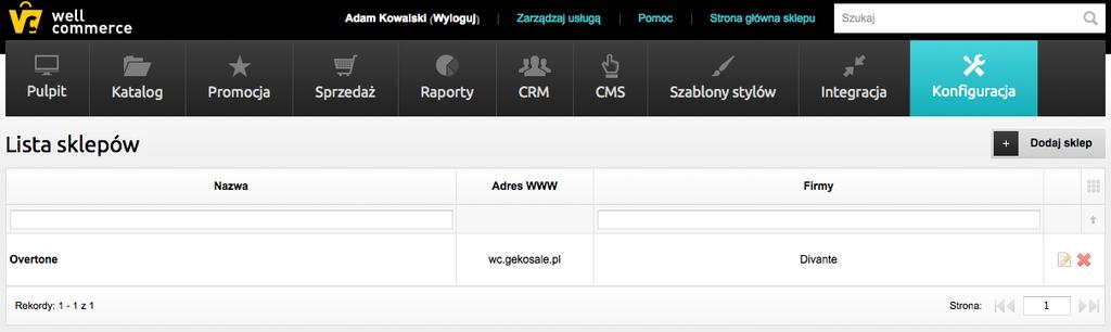 18 Screenshot. Lista sklepów Lista sklepów w panelu administracyjnym domyślnie prezentuje nam zdefiniowane przez nas sklepy, ich adresy URL oraz firmę do której dany sklep jest przypisany.
