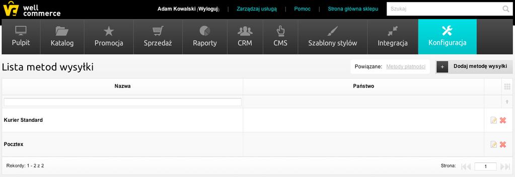 21 Screenshoot. Lista metod wysyłki By dodać nową metodę wysyłki, przechodzimy do formularza edycji metody wysyłki klikając w przycisk dodaj nową metodę wysyłki. Screeenshot.