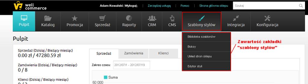 3 Szablony stylów Większość zmian graficznych w sklepie możemy wprowadzać z poziomu panelu administracyjnego aplikacji, poprzez wybór z dostępnej bazy interesującego nas szablonu.