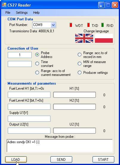 W głównym oknie programu należy wybrać nr portu szeregowego (np. COM4), który jest połączony przez konwerter USB/RS-485 z sondą CS-27.