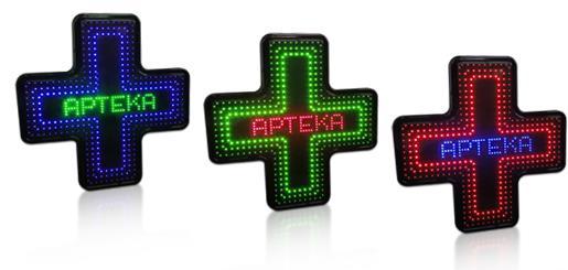 Krzyż apteczny LED Prestige Line 1. Wyświetlanie napisu "APTEKA" oraz trzech pierścieni zbudowanych z diod LED. 2. Automatyczna regulacja jasności świecenia (4 poziomy jasności globalnej). 3.
