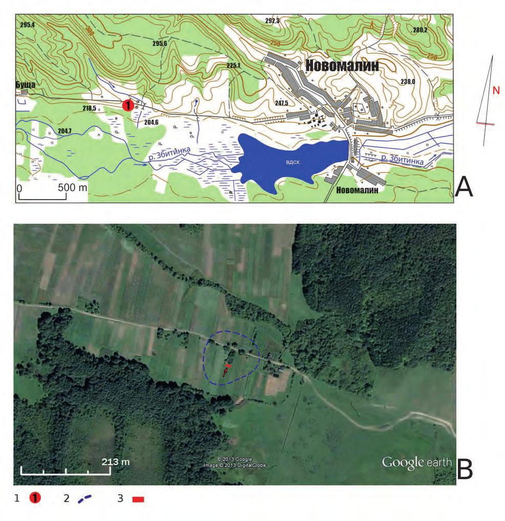 Ryc. 2. Nowomalin-Podobanka, rejon Ostrog. Lokalizacja stanowiska. 1 położenie stanowiska Nowomalin-Podobanka; 2 zasięg osady kultury trypolskiej; 3 lokalizacja wykopu z 2012 roku Abb. 2. Nowomalin-Podobanka, Rajon Ostrog.