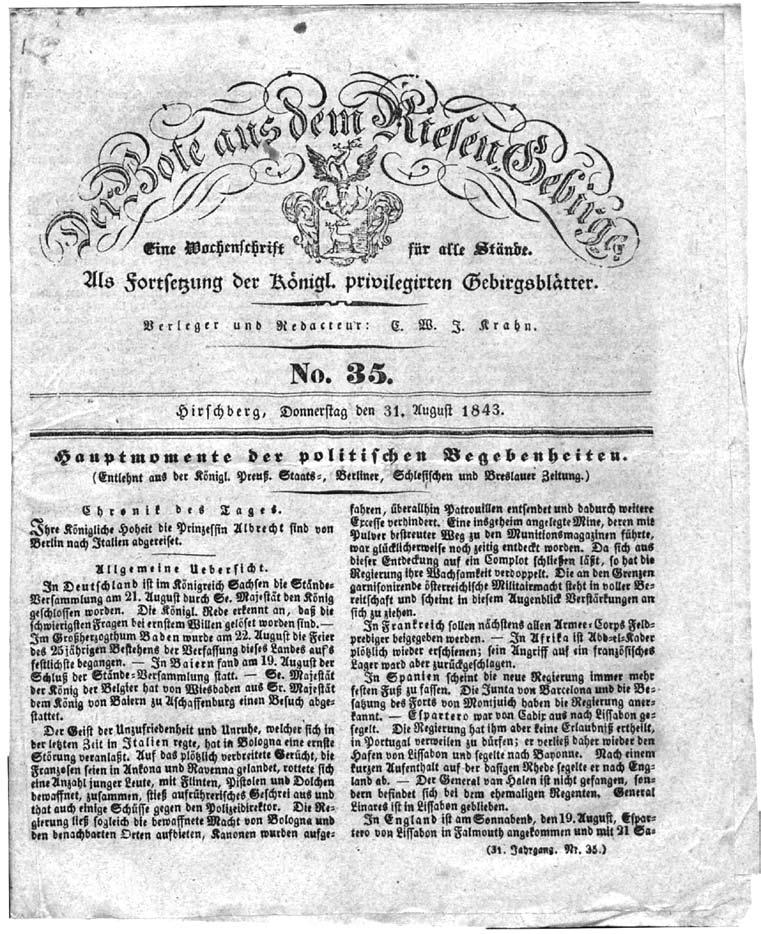 Zwieńczenie cesarskie skrytką dla dokumentów Ryc. 9. Egzemplarz Gazety Der Bote aus dem Riesengebirge, nr 35, 1843 r.