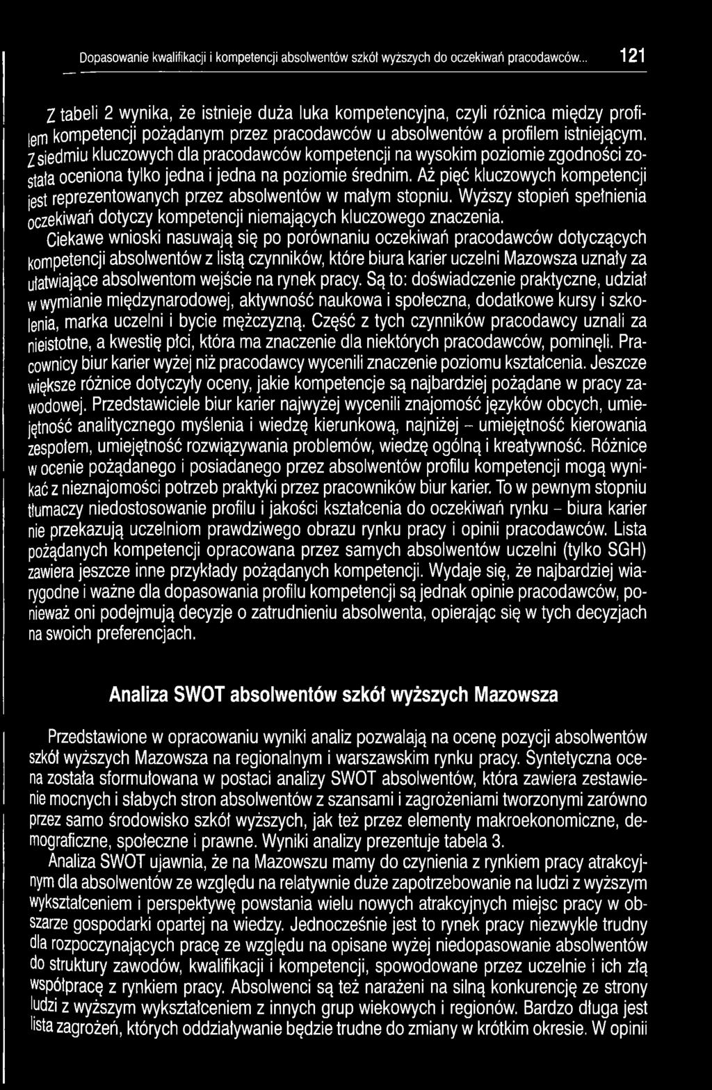 Z siedmiu kluczowych dla pracodawców kompetencji na wysokim poziomie zgodności została oceniona tylko jedna i jedna na poziomie średnim.