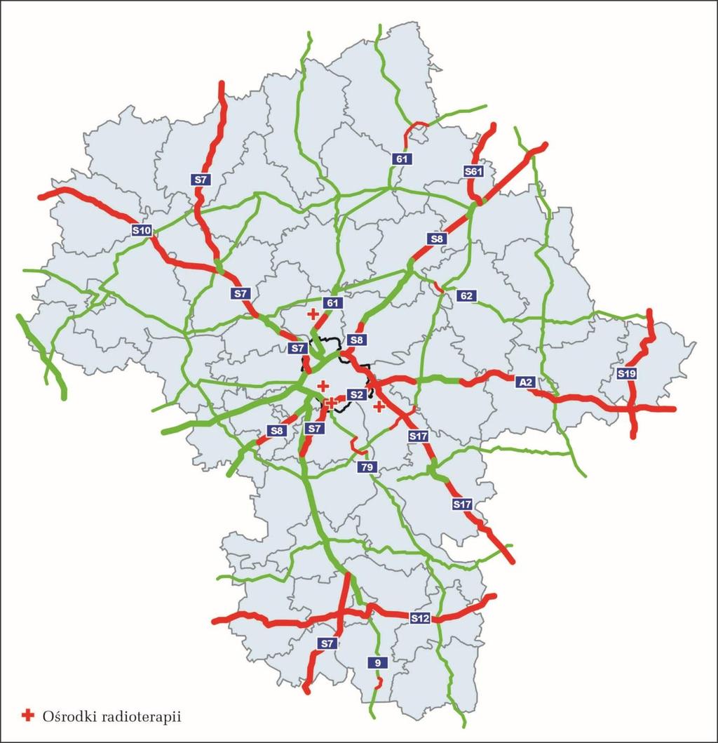 Inwestycje drogowe korelują z lokalizacjami ośrodków radioterapii Mapa 10. Sieć dróg krajowych w woj.