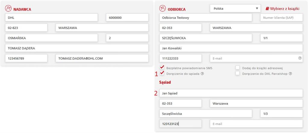 Tworzenie przesyłki z doręczeniem do sąsiada nowy wygląd DHL24 Podczas tworzenia przesyłki, istnieje możliwość wprowadzenia alternatywnego adresu