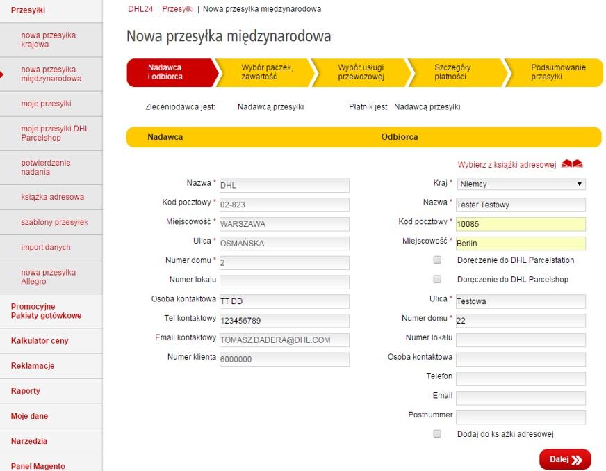 Tworzenie przesyłki międzynarodowej 1/5 Aby nadać przesyłkę międzynarodową, na koncie musi być skonfigurowany wydruk listów przewozowych w formacie BLP (instrukcja na stronie 25). 1. Aby nadać międzynarodową przesyłkę, należy zalogować się do aplikacji, wybrać Przesyłki, nowa przesyłka międzynarodowa.