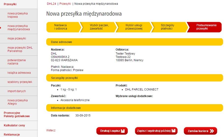 zakładki moje przesyłki, - Zamów kuriera aby przejść do szczegółów dotyczących terminu przyjazdu kuriera.