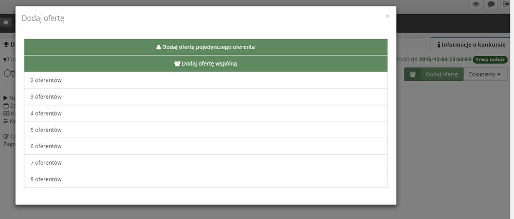 Pierwszy krokiem jest wybranie ilości oferentów, którzy będą składać ofertę.
