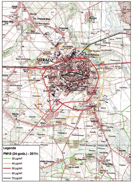 Mapa III.31 Rozmieszczenie średniodobowych wartości stężenia pyłu zawieszonego PM10 w Sieradzu w 2011 r. Stan Mapa III.